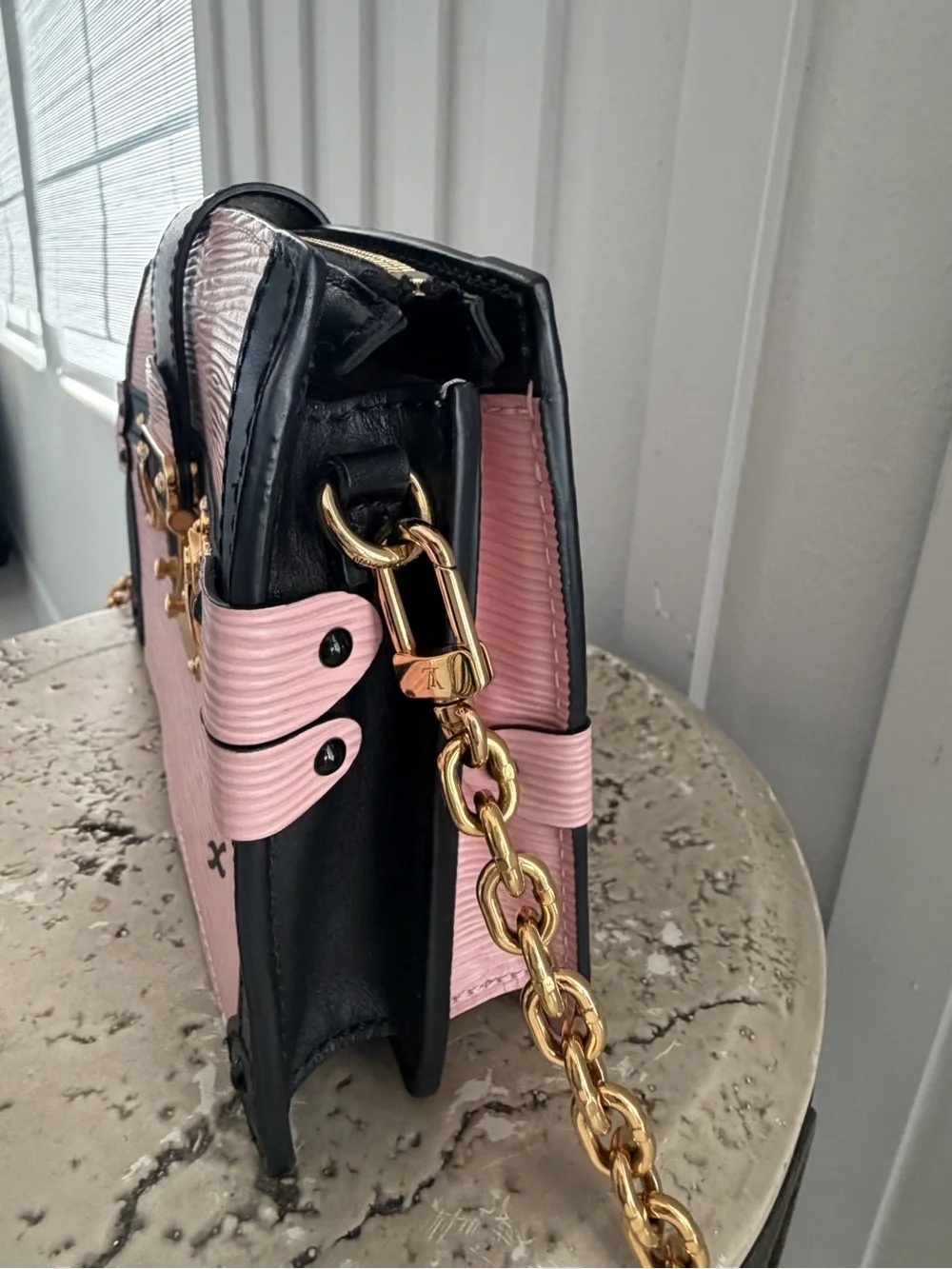 Authentic Louis Vuitton M53191 Petite Malle Clutch/Crossbody Black and Rose Pink